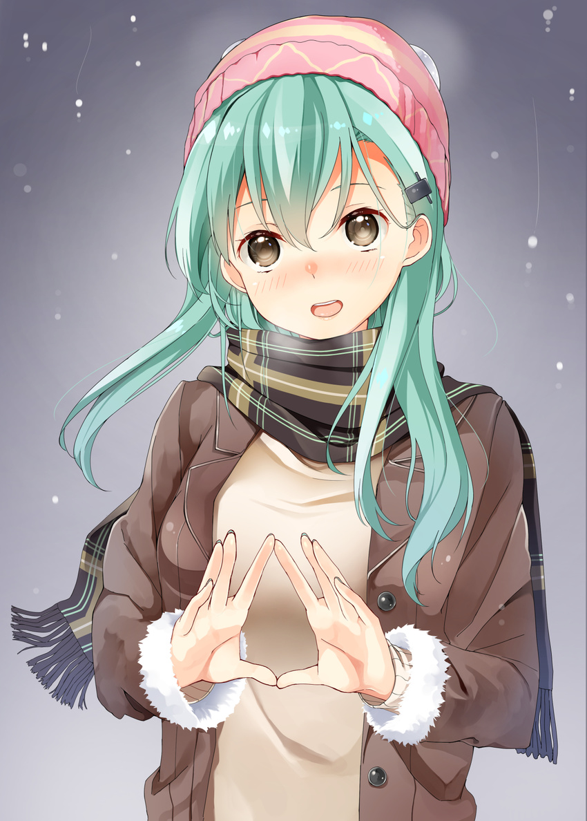 aqua_hair beanie blush brown_eyes byte_(allbyte) coat hair_between_eyes hair_ornament hairclip hat highres kantai_collection long_hair looking_at_viewer open_mouth scarf smile snow snowing solo suzuya_(kantai_collection)