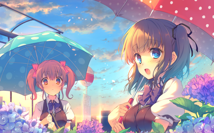 2girls aqua_eyes berrys blonde_hair brown_hair clouds flowers houkou_yuuka leaves reia seifuku tatsumi_wakaba twintails umbrella