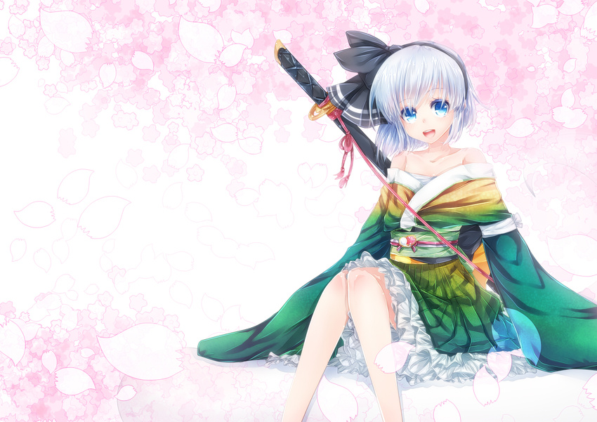 aqua_eyes cherry_blossoms headband japanese_clothes katana konpaku_youmu lolita_fashion petals short_hair siyusiyu13 sword touhou weapon white_hair yukata