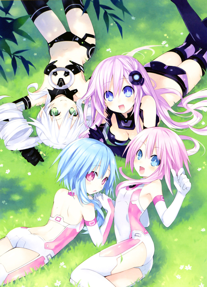 black_sister blue_eyes blue_hair blush bodysuit breasts cleavage drill_hair elbow_gloves gloves green_eyes hair_ornament highres long_hair medium_breasts multiple_girls nepgear neptune_(series) official_art open_mouth pink_hair purple_sister scan small_breasts symbol-shaped_pupils thighhighs tsunako twin_drills white_hair white_sister_ram white_sister_rom