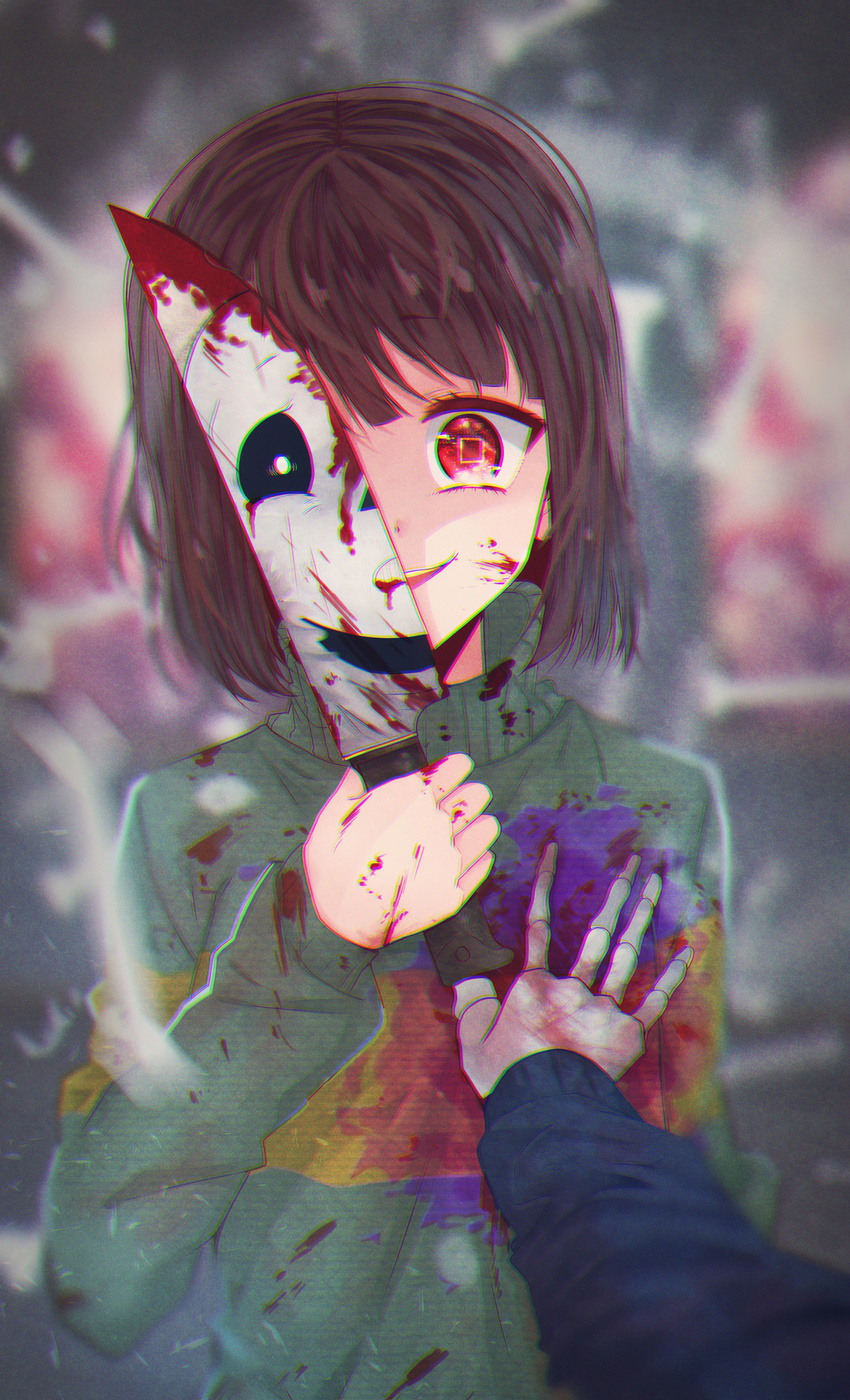 absurdres androgynous blood blood_from_mouth blood_on_face bloody_clothes bloody_hands bloody_knife bloody_tears bloody_weapon bone brown_hair chara_(undertale) chromatic_aberration commentary daikazoku63 evil_smile hand_on_another's_chest head_tilt highres holding holding_knife knife looking_at_viewer parted_lips pov red_eyes reflection sans skeleton smile spoilers striped striped_sweater sweater symbol-shaped_pupils turtleneck undertale upper_body weapon