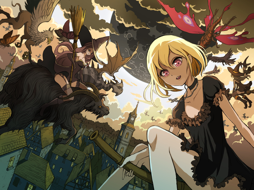 animal blonde_hair blue_eyes boots brown_hair choker city cross dress elbow_gloves garter group hat long_hair necklace original pink_eyes short_hair stockings thighhighs ume_(illegal_bible) witch witch_hat