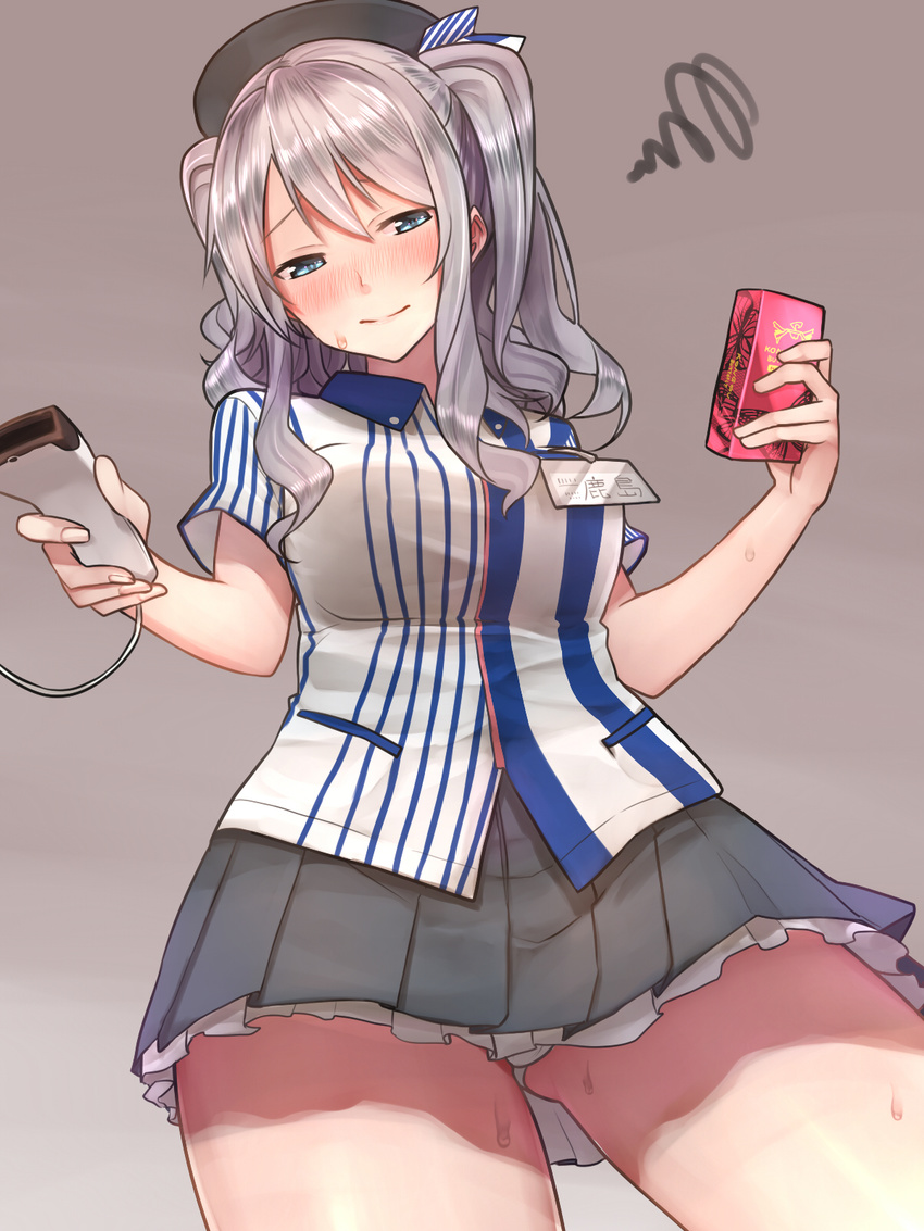 alternate_costume ass_visible_through_thighs baffu barcode_scanner beret blue_eyes blush box character_name closed_mouth collared_shirt condom_box cowboy_shot dress_shirt employee_uniform frills gradient gradient_background grey_background grey_hair grey_skirt hair_ornament hat highres holding kantai_collection kashima_(kantai_collection) lawson long_hair looking_at_viewer miniskirt name_tag panties pantyshot pleated_skirt shirt short_sleeves silver_hair simple_background skirt smile solo squiggle store_clerk striped sweat two_side_up underwear uniform upskirt white_panties
