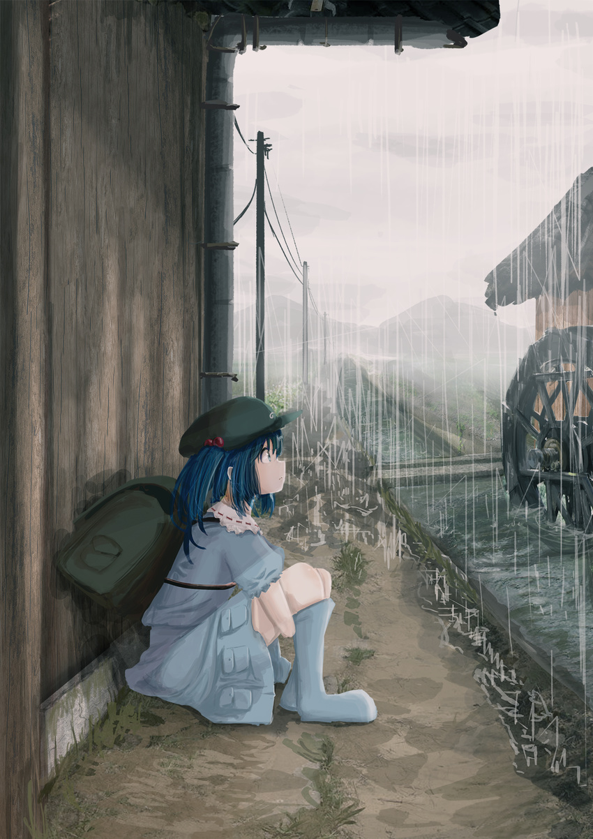aki_tsui backpack bag blue_eyes blue_hair boots canal cloud cloudy_sky full_body hair_bobbles hair_ornament hat highres kawashiro_nitori looking_up mountain mud on_ground overhang path pipes power_lines profile puffy_sleeves rain road rooftop rubber_boots shirt short_sleeves sitting skirt skirt_set sky solo telephone_pole touhou twintails two_side_up vegetation wall water watermill wooden_wall