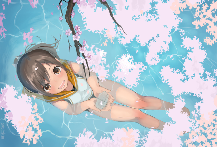 brown_eyes brown_hair cherry_blossoms i-401_(kancolle) kantai_collection long_hair mugcup ponytail signed water