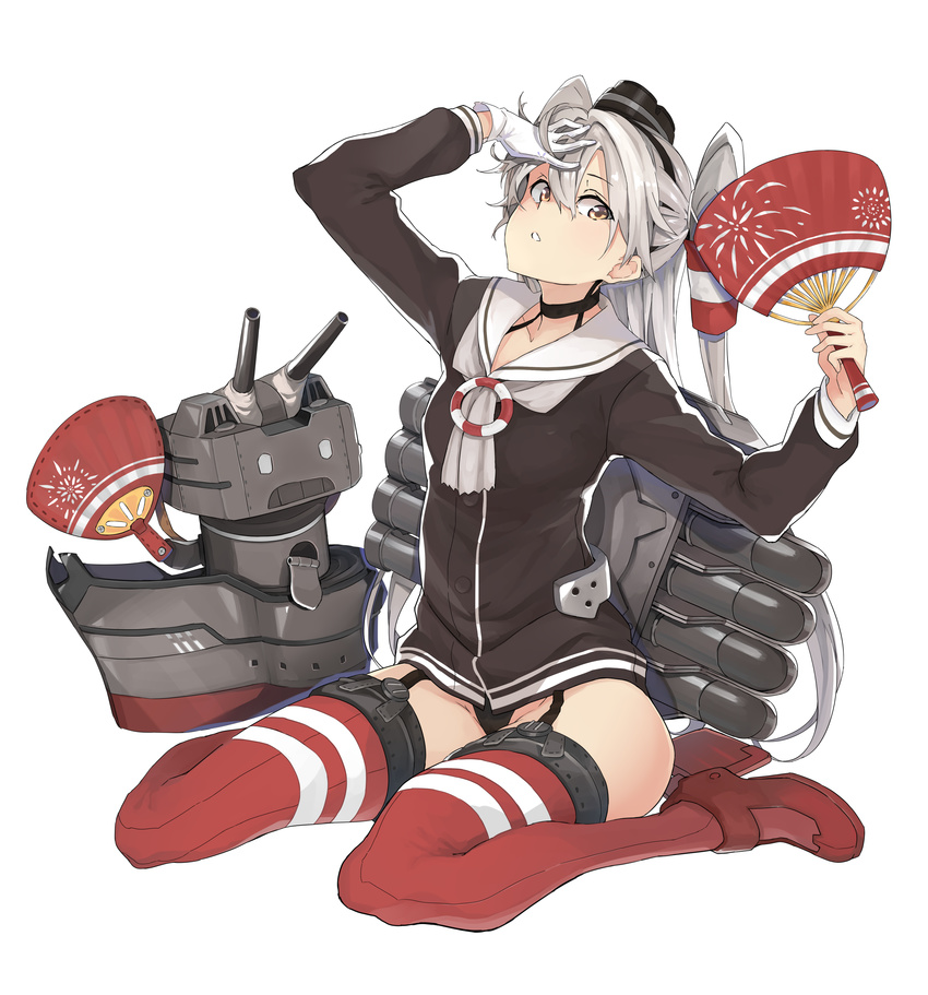 1girl absurdres amatsukaze_(kantai_collection) black_panties brown_dress brown_eyes choker collarbone dress fan garter_straps gloves hair_between_eyes hair_tubes hand_on_forehead hand_on_own_face highres holding holding_fan kantai_collection lifebuoy long_hair long_sleeves looking_at_viewer machinery panties rare red_legwear rensouhou-kun sailor_collar sailor_dress short_dress silver_hair simple_background single_glove sitting solid_oval_eyes striped striped_legwear thighhighs torpedo two_side_up underwear wariza white_background white_gloves windsock