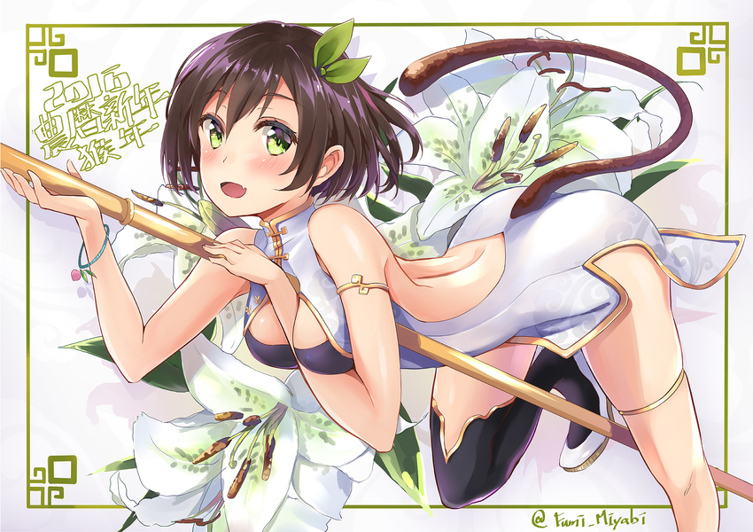 breasts brown_hair chinese_clothes chinese_dress cleavage flowers garter green_eyes jacob_dream_world no_bra original short_hair tail thighhighs weapon wristwear