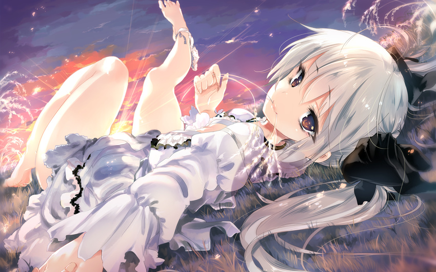 barefoot black_ribbon brown_eyes dress hair_ribbon highres kamizuki_shiki kasugano_sora looking_at_viewer lying on_back outdoors ribbon silver_hair solo twintails white_dress yosuga_no_sora