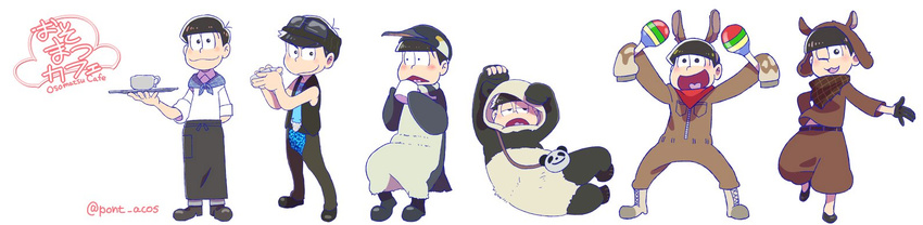 animal_costume bad_id bad_twitter_id bandana bowl_cut brothers character_request cosplay drinking eyewear_on_head fukuyama_jun gloves grizzly_(shirokuma_cafe) grizzly_(shirokuma_cafe)_(cosplay) half_gloves heart heart_in_mouth instrument kamiya_hiroshi llama_(shirokuma_cafe) llama_(shirokuma_cafe)_(cosplay) long_image male_focus maracas matsuno_choromatsu matsuno_ichimatsu matsuno_juushimatsu matsuno_karamatsu matsuno_osomatsu matsuno_todomatsu messy_hair multiple_boys nakamura_yuuichi ono_daisuke osomatsu-kun osomatsu-san panda_(shirokuma_cafe) panda_(shirokuma_cafe)_(cosplay) penguin_(shirokuma_cafe) penguin_(shirokuma_cafe)_(cosplay) penguin_costume sakurai_takahiro seiyuu_connection sextuplets shirokuma_(shirokuma_cafe) shirokuma_(shirokuma_cafe)_(cosplay) shirokuma_cafe siblings sleeves_past_wrists smile sunglasses triangle_mouth twitter_username vest wide_image