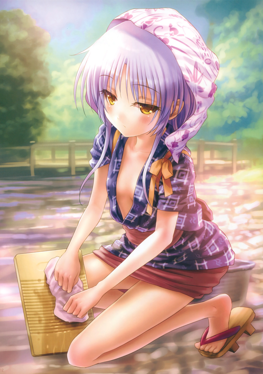 absurdres angel_beats! bandana bangs blush breasts bridge center_opening expressionless full_body geta goto_p head_scarf highres japanese_clothes kimono kneeling lavender_hair long_hair miniskirt no_bra no_socks outdoors rag red_skirt river rural sash short_kimono silver_hair skirt small_breasts solo sunlight tasuki tenshi_(angel_beats!) washboard water yellow_eyes