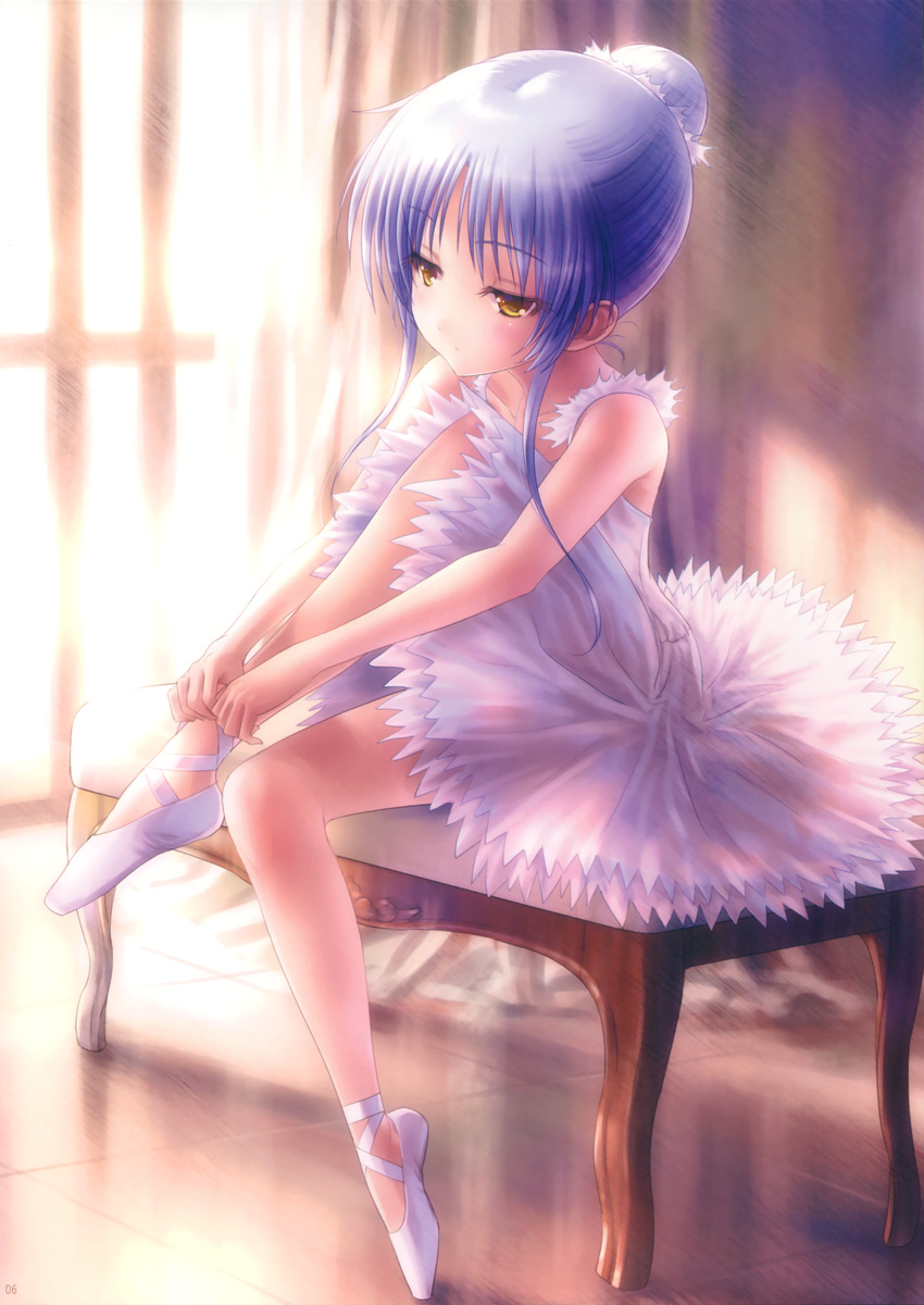 absurdres alternate_costume alternate_hairstyle angel_beats! ballerina ballet_slippers bangs bare_arms bare_shoulders chair curtains double_bun dressing eyebrows_visible_through_hair eyelashes floor full_body goto_p half-closed_eyes highres knee_up long_hair plantar_flexion sidelocks silver_hair sitting solo tenshi_(angel_beats!) tile_floor tiles tutu yellow_eyes