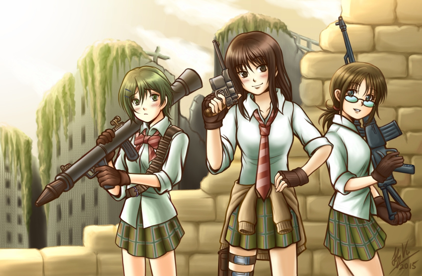 bandolier blue_eyes blush bow bowtie brick_wall brown_eyes brown_hair clothes_around_waist coppelion finger_on_trigger fingerless_gloves fukasaku_aoi glasses gloves green_eyes green_hair green_skirt gun hair_ornament hairclip hand_on_hip handgun holster looking_at_viewer loose_necktie mauser_c96 miniskirt multiple_girls naruse_ibara necktie nomura_taeko outdoors parted_lips plaid plaid_skirt pleated_skirt ponytail red_neckwear rifle rocket_launcher ruins shirt skirt sleeves_rolled_up smile sniper_rifle striped striped_bow striped_neckwear tacoyaki thigh_holster weapon white_shirt worried