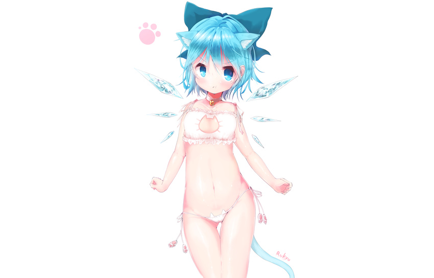 akisha animal_ears aqua_eyes aqua_hair bell cameltoe catgirl cirno collar fairy navel short_hair signed tail touhou white wings