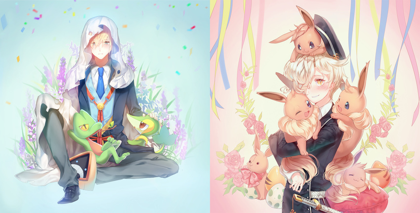 :3 ;d aqua_eyes blonde_hair cherinova commentary confetti crossover eevee egg flower gen_1_pokemon gen_3_pokemon gen_5_pokemon gokotai grass hair_over_one_eye hat highres hood male_focus multiple_boys necktie one_eye_closed open_mouth pokemon pokemon_(creature) rose sitting smile snivy sword tantou touken_ranbu treecko weapon yamanbagiri_kunihiro yellow_eyes