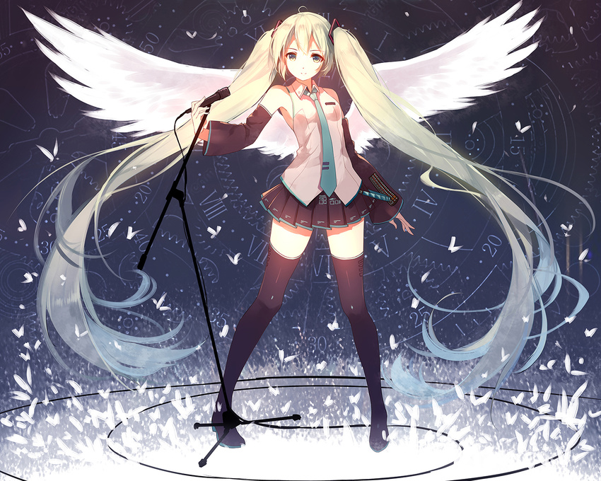 boots caidychen cropped hatsune_miku long_hair microphone skirt thighhighs tie twintails vocaloid wings zettai_ryouiki