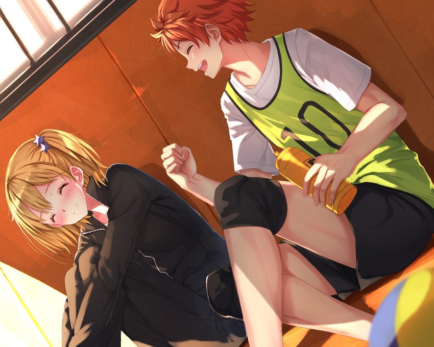 ball blonde_hair blush cropped drink haikyuu!! hinata_shouyou male orange_hair ponytail short_hair swordsouls yachi_hitoka