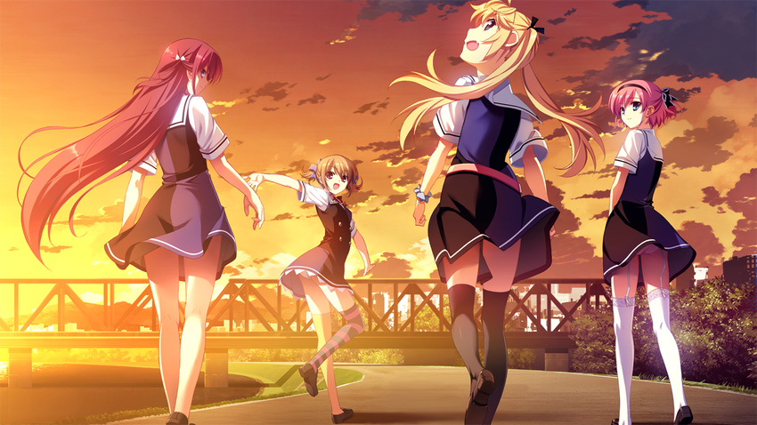 asymmetrical_legwear black_legwear black_ribbon blonde_hair blue_eyes brown_hair garter_straps grisaia_(series) grisaia_no_kajitsu hair_ribbon irisu_makina komine_sachi long_hair long_legs matsushima_michiru multiple_girls olong_tea_(mame) open_mouth outdoors panties pantyshot pantyshot_(standing) pink_hair purple_hair red_eyes ribbon short_hair sky smile standing striped striped_legwear suou_amane thighhighs twintails underwear white_legwear white_panties white_ribbon