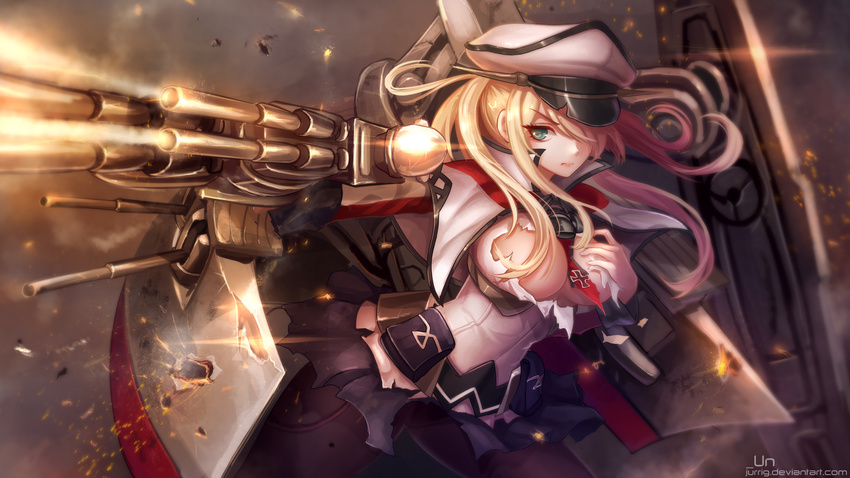 aqua_eyes blonde_hair breasts cape graf_zeppelin_(kancolle) hat kantai_collection long_hair no_bra pantyhose torn_clothes twintails un_s uniform weapon