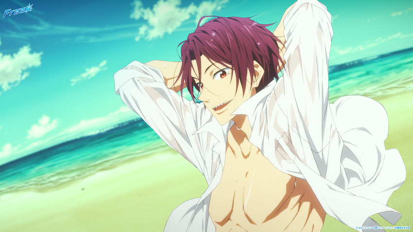 all_male beach free! logo male matsuoka_rin open_shirt red_eyes red_hair tagme_(artist) water wet