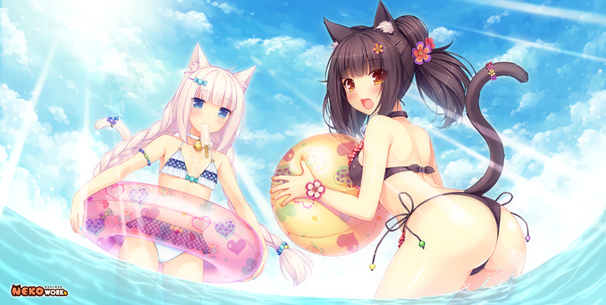 2girls animal_ears ass bikini catgirl chocola_(sayori) ice_cream nekopara sayori swim_ring swimsuit tail vanilla_(sayori) water