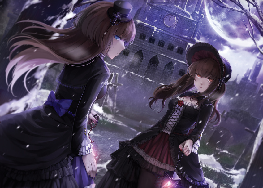 2girls blue_eyes bow brown_hair building goth-loli hat headdress lolita_fashion long_hair maru_(sw1tch) moon night orange_eyes original snow