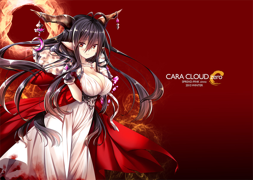 black_hair breasts cleavage danua dress granblue_fantasy horns long_hair pointed_ears red red_eyes zinno