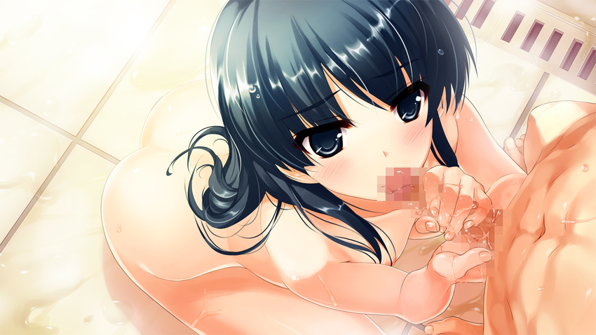 blue_eyes blue_hair blush censored fellatio game_cg handjob hasekura_airi misaki_kurehito nipples nude penis tagme ushinawareta_mirai_wo_motomete wet