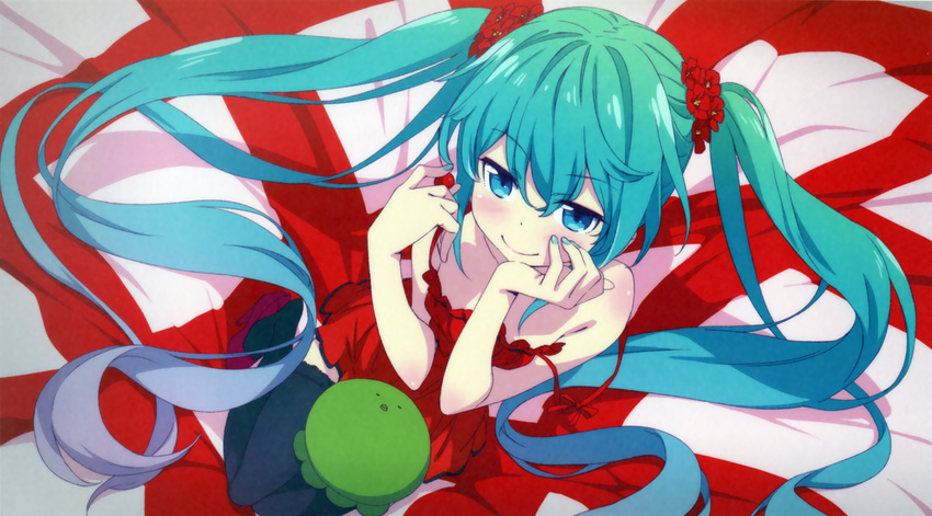 aqua_eyes aqua_hair blush dress hatsune_miku kanzaki_hiro long_hair scan twintails vocaloid