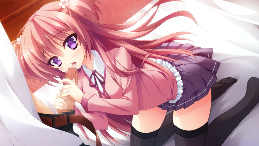 anapom blush censored fellatio game_cg long_hair ootori_maria orange_hair purple_eyes seifuku shukufuku_no_kane_no_oto_wa_sakura-iro_no_kaze_to_tomo_ni studio_ryokucha thighhighs