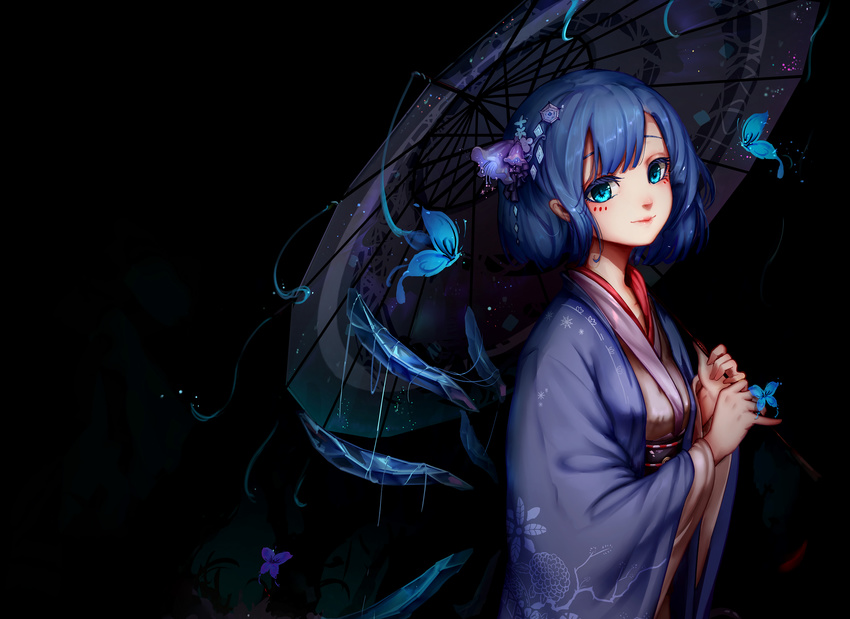 aqua_eyes black blue_hair butterfly cirno dark fairy japanese_clothes kimono kiyomasa_ren short_hair touhou umbrella wings