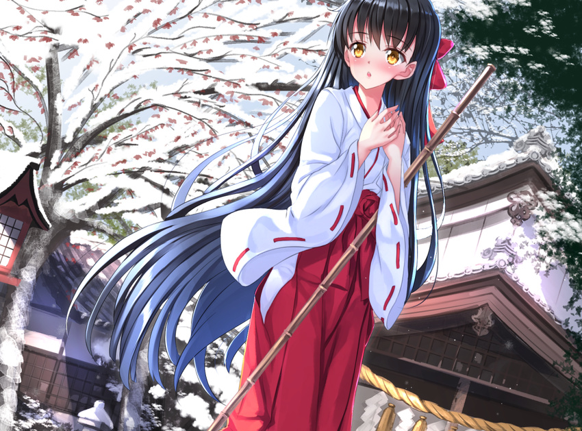 black_hair cropped japanese_clothes long_hair miko original shrine snow swordsouls yellow_eyes