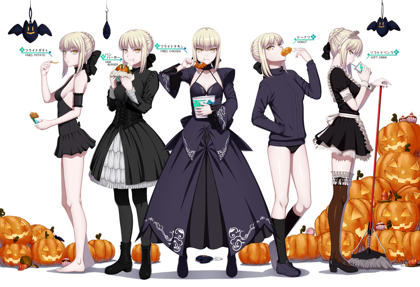 amase_(yagami666) blonde_hair boots breasts cleavage dress drink fate/grand_order fate/stay_night food garter goth-loli halloween kneehighs lolita_fashion maid panties pantyhose pumpkin saber saber_alter sideboob thighhighs underwear wristwear yellow_eyes