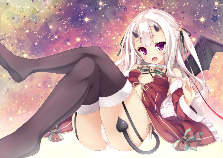 bell bow christmas demon dress horns long_hair original panties purple_eyes ribbons ryo tail thighhighs underwear white_hair wings