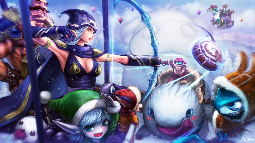 ashe bibiko bow_(weapon) braum_(league_of_legends) breasts cape christmas cleavage elbow_gloves fizz_(league_of_legends) gnar goggles group hat league_of_legends male pointed_ears sejuani snow tristana veigar weapon