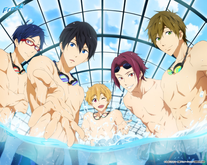 all_male black_hair blonde_hair blue_eyes blue_hair brown_hair free! goggles green_eyes group hazuki_nagisa logo male matsuoka_rin nanase_haruka red_eyes red_hair ryugazaki_rei swimsuit tachibana_makoto tagme_(artist) topless water