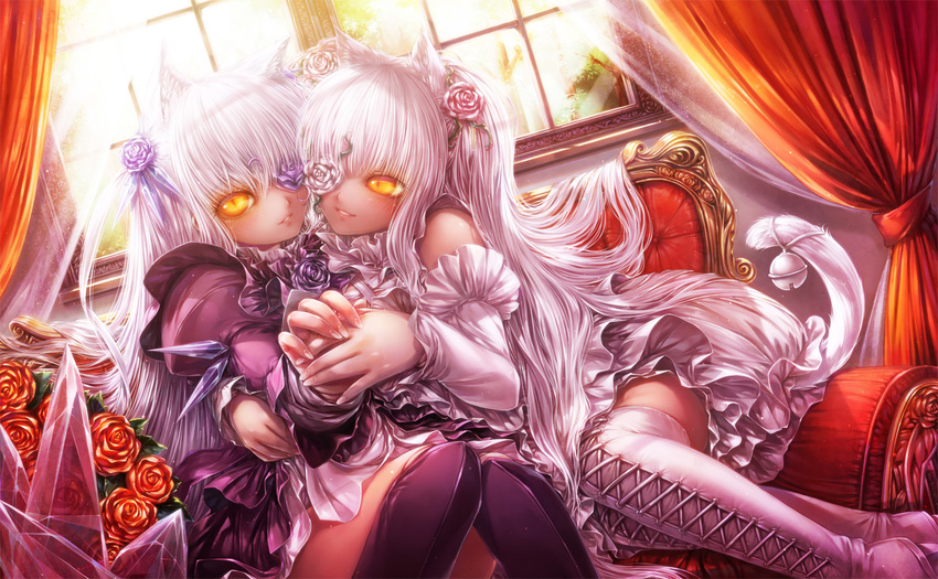 2girls animal_ears barasuishou bell boots catgirl couch doll dress eyepatch flowers goth-loli kirakishou kneehighs lolita_fashion long_hair misaki_(kyal_001) orange_eyes rose rozen_maiden tail thighhighs white_hair