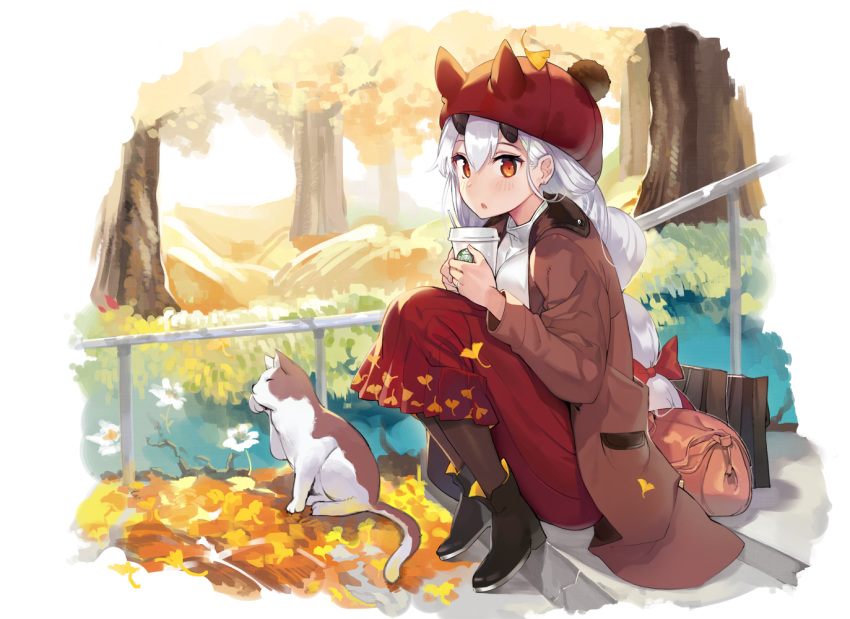 1girl animal autumn bag bangs black_footwear blush boots bow brown_coat brown_legwear cat coat coffee_cup commentary_request cup disposable_cup drink eyebrows_visible_through_hair eyes_closed fate/grand_order fate_(series) flower ginkgo ginkgo_leaf hair_between_eyes hair_bow hat holding holding_cup horned_headwear horns jehyun leaves long_hair long_skirt looking_at_viewer oni oni_horns open_clothes open_coat orange_eyes pantyhose parted_lips ponytail railing red_bow red_eyes red_hat red_skirt shirt silver_hair sitting sitting_on_stairs skirt solo stairs stone_stairs tomoe_gozen tomoe_gozen_(fate/grand_order) tree very_long_hair white_flower white_hair white_shirt