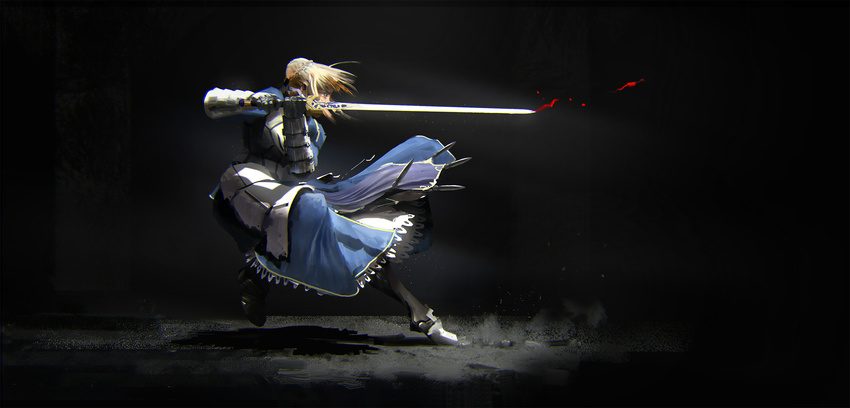 armor black blonde_hair blood dress fate/stay_night saber sword weapon zhou_shuo