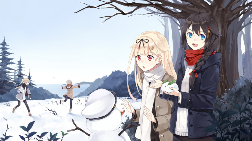 aqua_eyes black_hair blonde_hair boots braids brown_hair group hao_(patinnko) hat hoodie kantai_collection leaves long_hair murasame_(kancolle) pantyhose ponytail red_eyes scarf shigure_(kancolle) shiratsuyu_(kancolle) snow snowman tree twintails winter yuudachi_(kancolle)