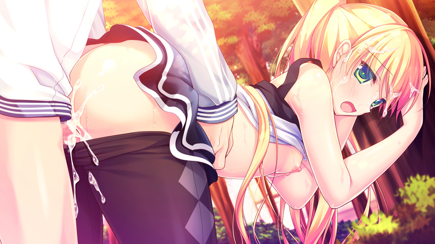 alcot ass blonde_hair breasts censored chibana_ryouka cum erect_nipples game_cg green_eyes kimi_no_tonari_de_koishiteru! long_hair motomiya_mitsuki nipples no_bra nopan pantyhose penis ponytail pussy pussy_juice sex shirt_lift skirt_lift