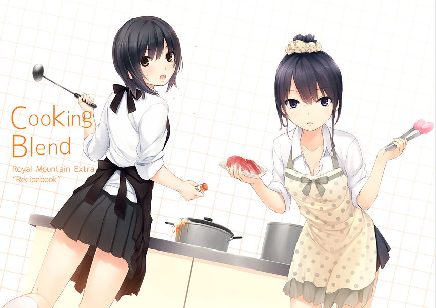 2girls aoyama_sumika apron black_hair blue_eyes breasts brown_eyes cleavage coffee-kizoku food original ponytail seifuku shiramine_rika short_hair