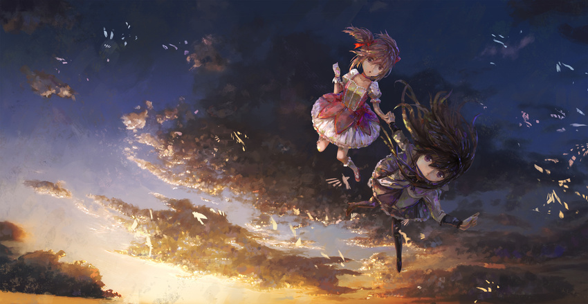 2girls akemi_homura black_hair clouds dress kaname_madoka long_hair mahou_shoujo_madoka_magica purple_eyes seifuku sky sunset tianya_beiming twintails