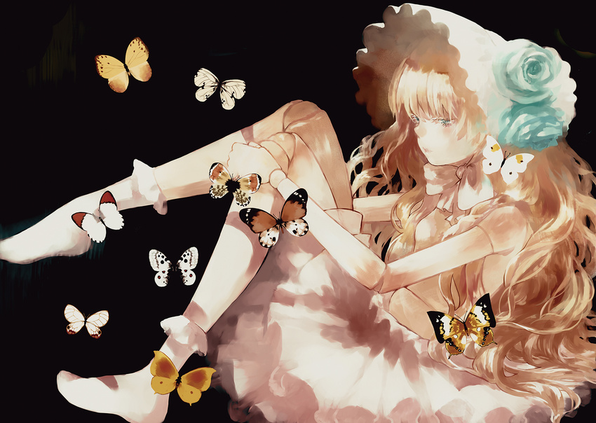 aqua_eyes black blonde_hair bow butterfly doll flowers hat headdress lolita_fashion long_hair moekon original socks