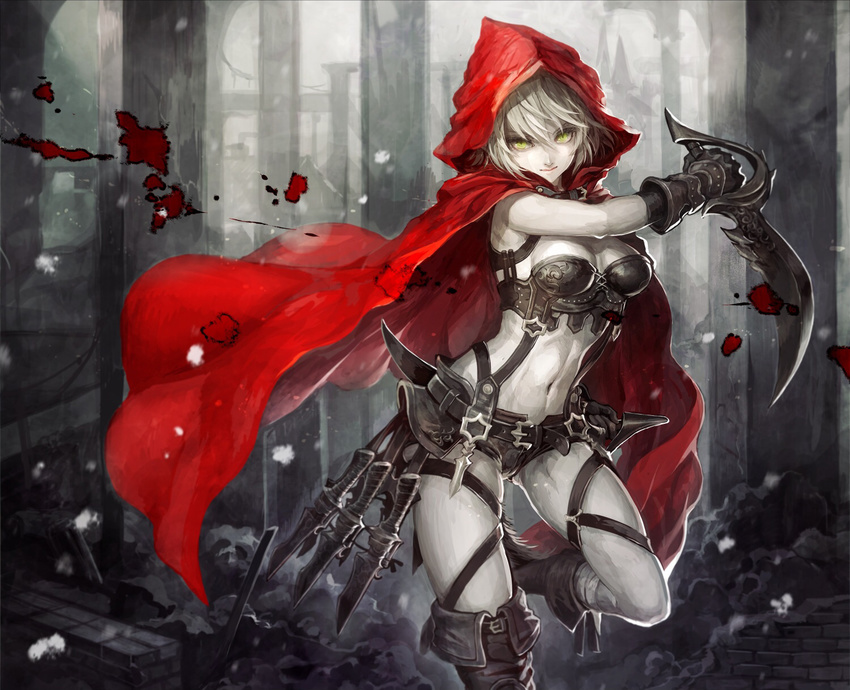 armor blood breasts cape cleavage hoodie little_red_riding_hood navel original red_riding_hood senano-yu sword weapon white_hair yellow_eyes