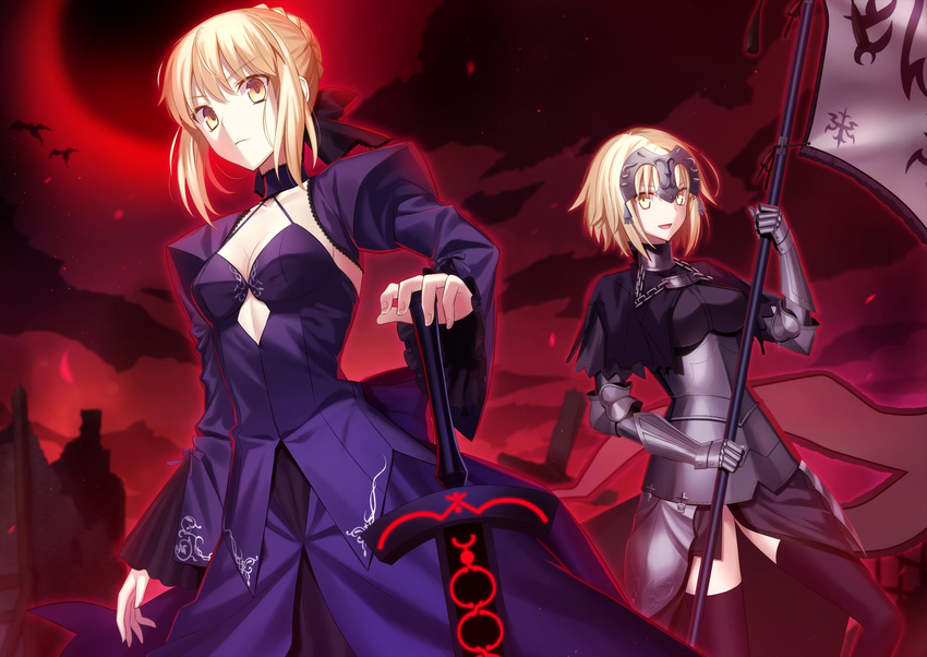 2girls armor blonde_hair breasts cleavage dress fate/grand_order fate/stay_night fuyuki_(neigedhiver) headdress jeanne_d'arc_alter jpeg_artifacts red ruler_(fate/apocrypha) saber saber_alter short_hair sword thighhighs weapon yellow_eyes