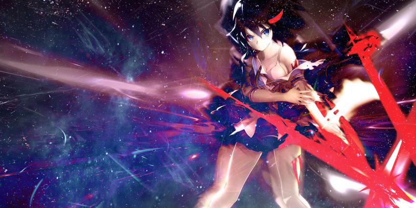 black_hair blue_eyes kill_la_kill matoi_ryuuko mizushirazu photoshop short_hair underwear weapon