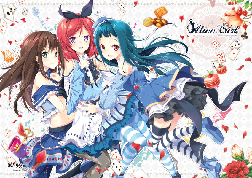 alice_in_wonderland aqua_eyes aqua_hair brown_hair crossover dress flowers food hat headdress idolmaster_cinderella_girls long_hair love_live!_school_idol_project mocha_(naturefour) navel nishikino_maki pantyhose petals purple_eyes red_eyes red_hair shibuya_rin short_hair skirt tendouji_musubi thighhighs tokyo_7th_sisters