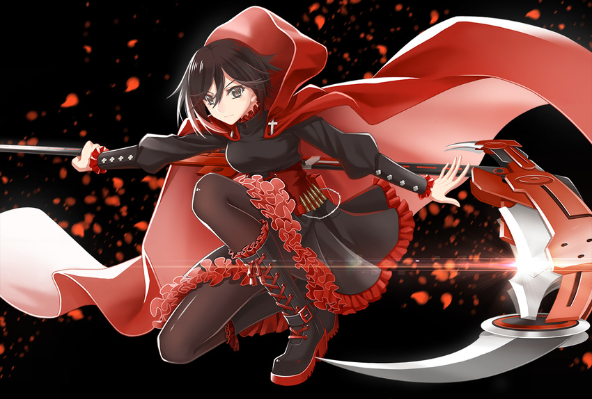 boots cape cross_akiha dress hoodie pantyhose ruby_rose rwby scythe short_hair weapon