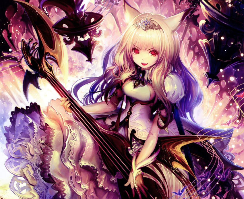 blonde_hair bow cropped foxgirl helblindi instrument long_hair red_eyes scan shingeki_no_bahamut tachikawa_mushimaro tiara