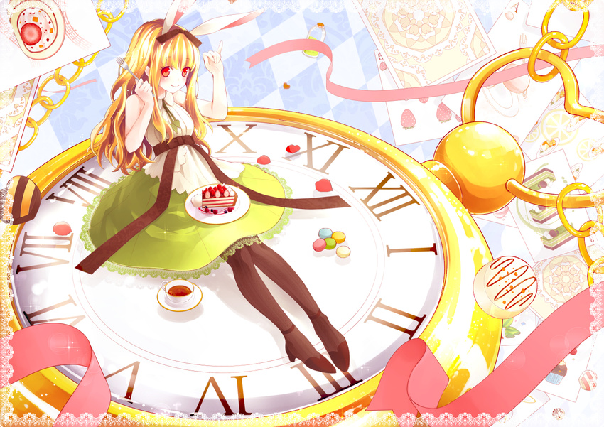 ahira_yuzu animal_ears blonde_hair bunny_ears cake drink long_hair original pantyhose red_eyes